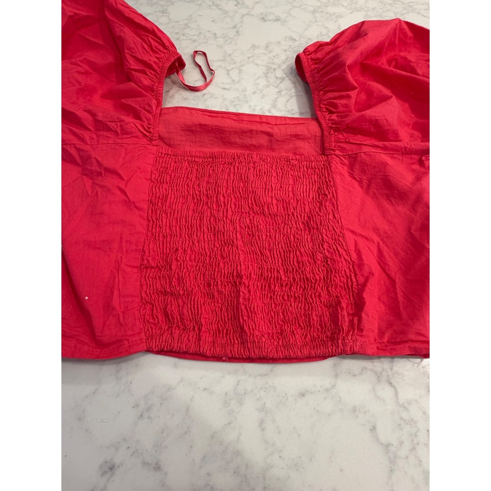 Sim & Sam Pink Puff Sleeve Crop Top Smocked Back Cotton NWT L - Picture 6 of 7